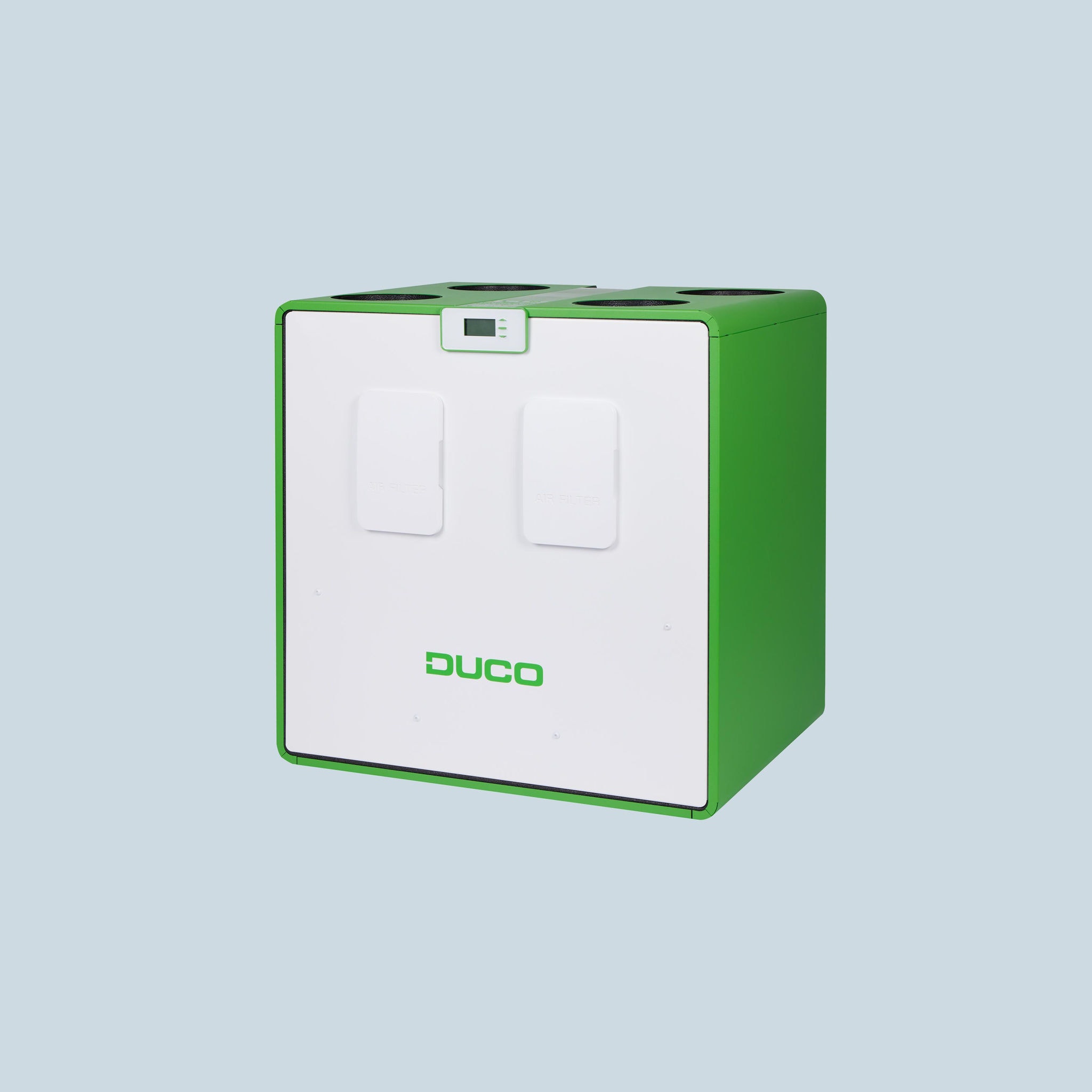 Front view packshot from the right of Daikin's new DucoBox Energy Comfort Plus. This is a smart centralised heat recovery ventilation unit (CHRV) .
