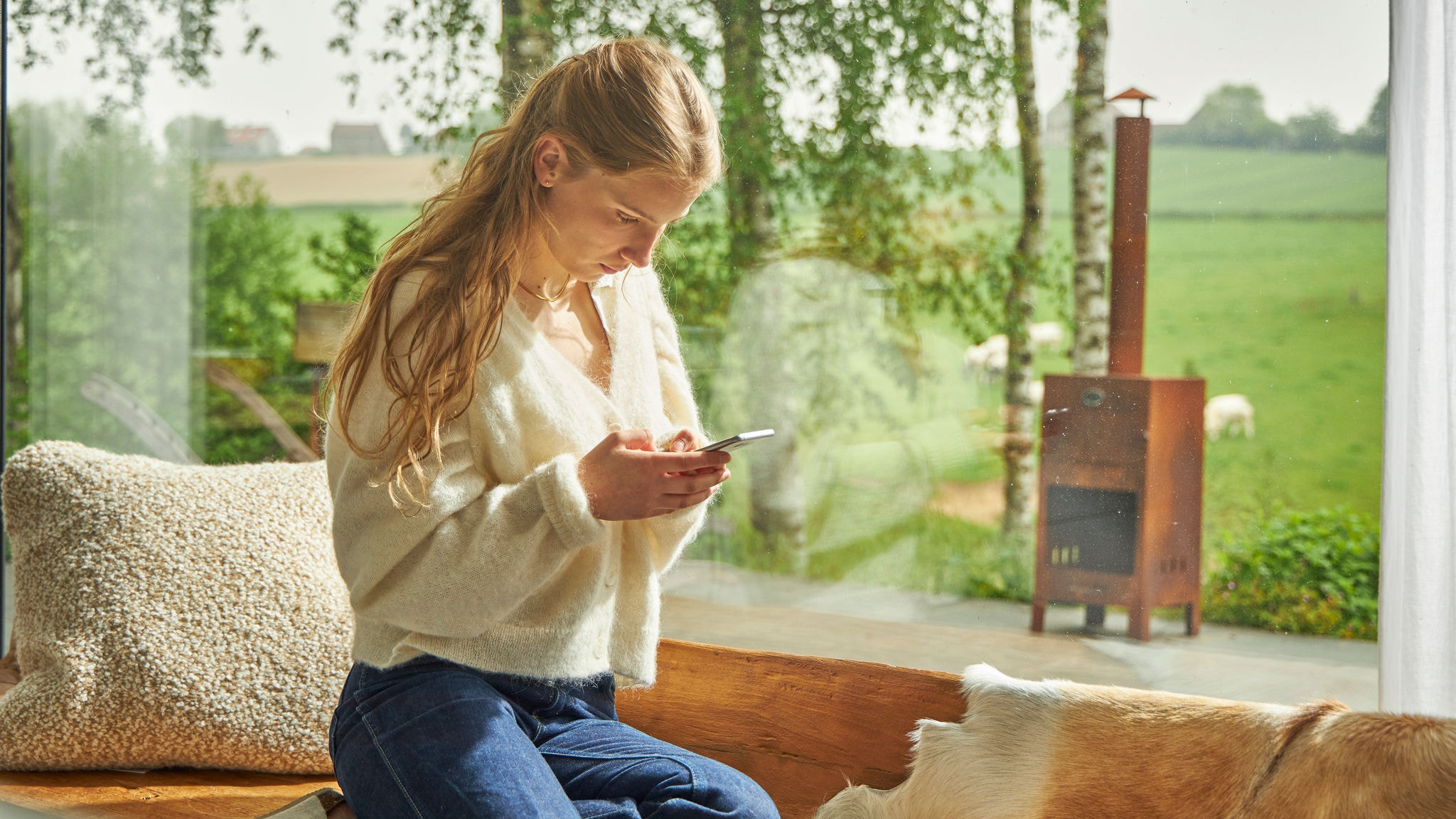 Eine Dame informiert sich anhand ihres Smartphones über staatliche Fördermöglichkeiten