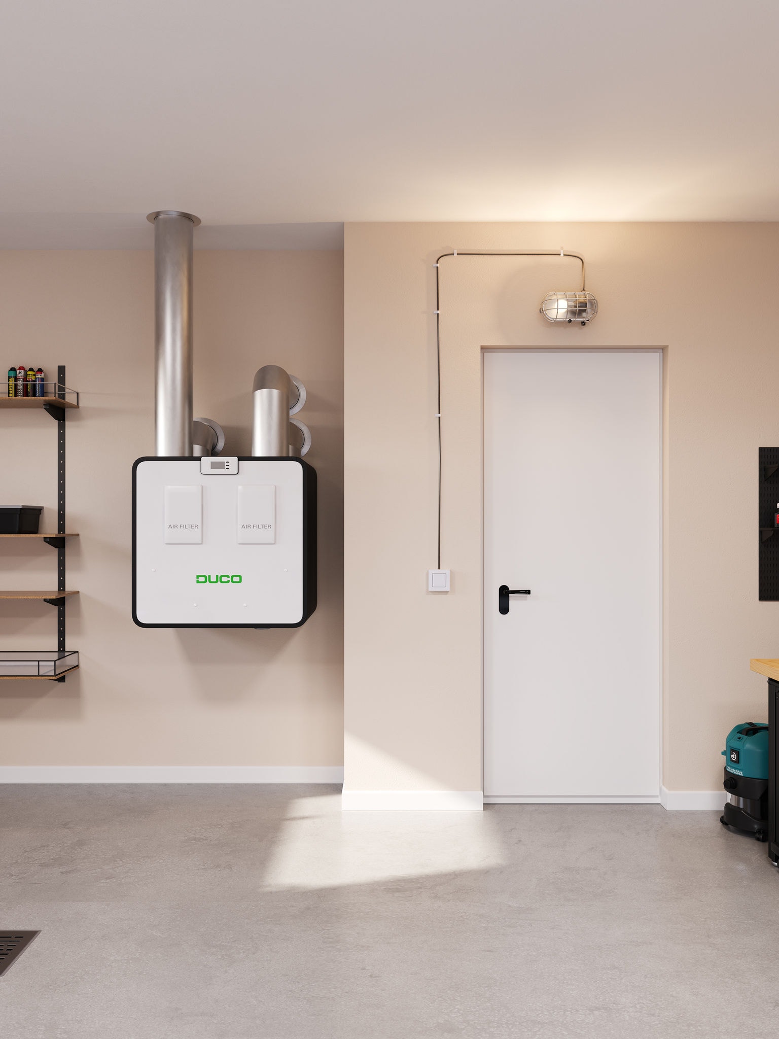 Ein Lüftungssystem „DucoBox Energy Premium“, installiert in einem Wohnbereich, demonstriert die Lüftung des Wohnhauses als eine Lösung zur Verbesserung der Luftzirkulation und zur Absenkung der Luftfeuchtigkeit.
