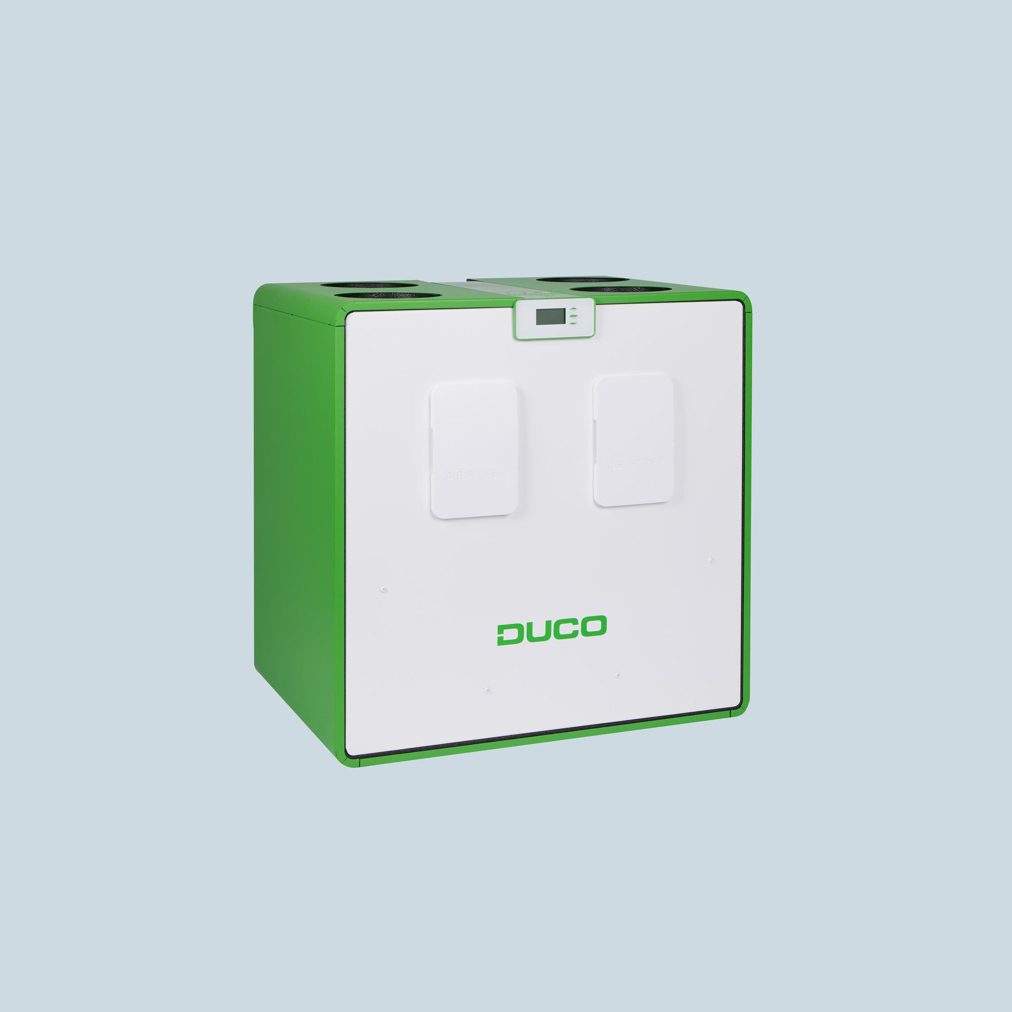  Front view packshot from the left of Daikin's new DucoBox Energy Comfort Plus. This is a smart centralised heat recovery ventilation unit (CHRV) .