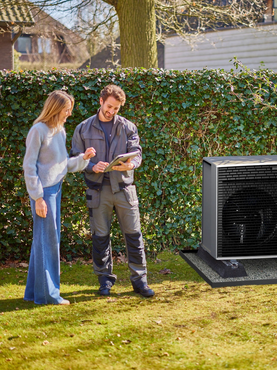 Ein Installateur in einem Garten erläutert einem Wohngebäudeeigentümer nach Fertigstellung der Installation die Bedienelemente einer Wärmepumpe